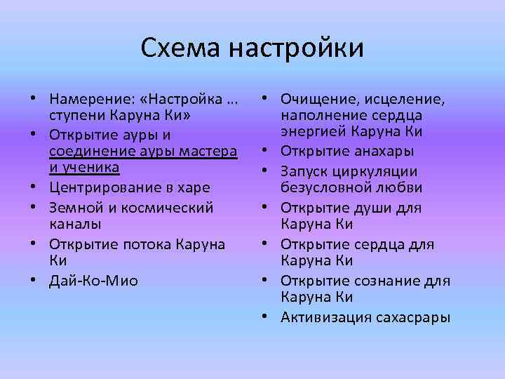 Схема настройки • Намерение: «Настройка … ступени Каруна Ки» • Открытие ауры и соединение