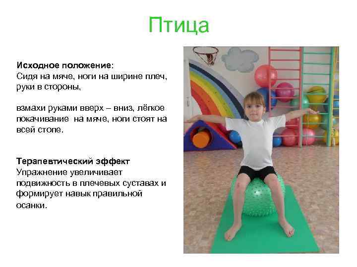 Птица Исходное положение: Сидя на мяче, ноги на ширине плеч, руки в стороны, взмахи