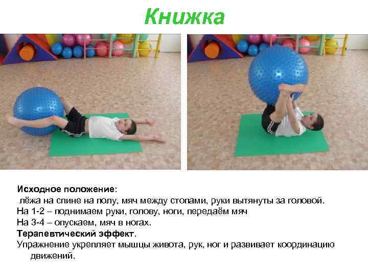Книжка Исходное положение: лёжа на спине на полу, мяч между стопами, руки вытянуты за