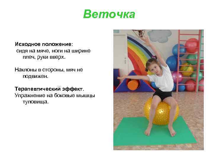 Веточка Исходное положение: сидя на мяче, ноги на ширине плеч, руки вверх. Наклоны в