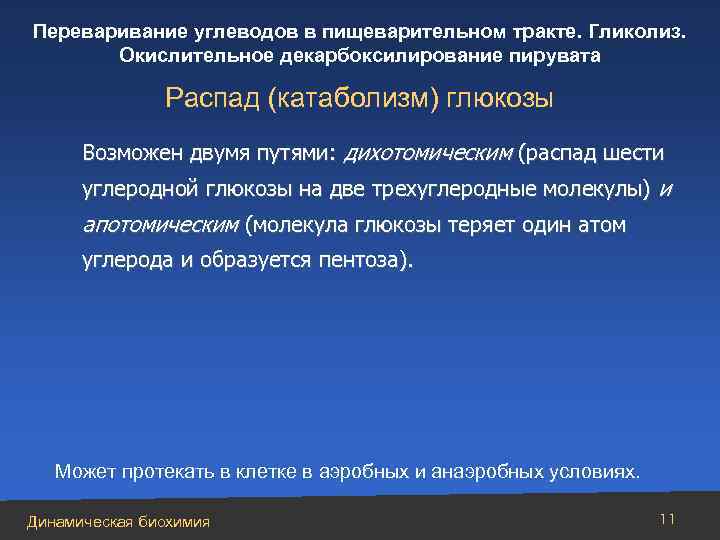 Переваривание углеводов в пищеварительном тракте. Гликолиз. Окислительное декарбоксилирование пирувата Распад (катаболизм) глюкозы Возможен двумя
