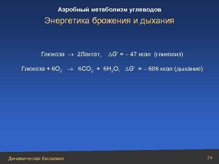 Аэробный метаболизм углеводов Энергетика брожения и дыхания Глюкоза 2 Лактат, G = – 47