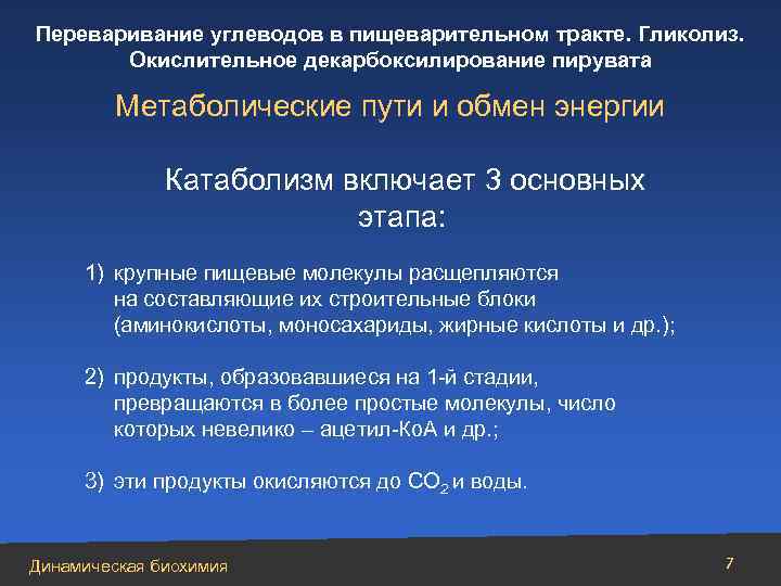 Переваривание углеводов в пищеварительном тракте. Гликолиз. Окислительное декарбоксилирование пирувата Метаболические пути и обмен энергии