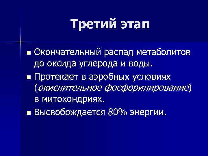 Третий этап Окончательный распад метаболитов до оксида углерода и воды. n Протекает в аэробных