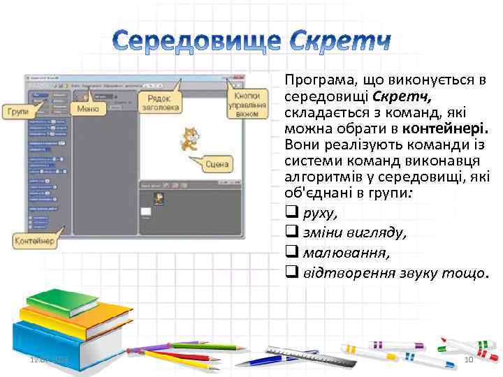 Програма, що виконується в середовищі Скретч, складається з команд, які можна обрати в контейнері.