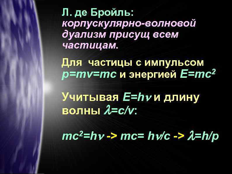 Л. де Бройль: корпускулярно-волновой дуализм присущ всем частицам. Для частицы с импульсом p=mv=mc и