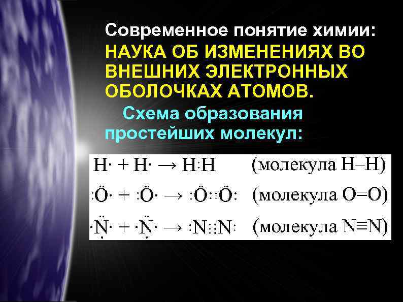 Современное понятие химии: НАУКА ОБ ИЗМЕНЕНИЯХ ВО ВНЕШНИХ ЭЛЕКТРОННЫХ ОБОЛОЧКАХ АТОМОВ. Схема образования простейших