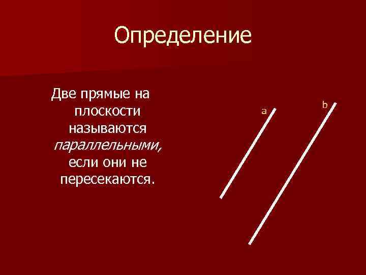 Определение Две прямые на плоскости называются параллельными, если они не пересекаются. a b 