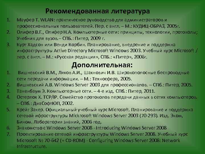  1. 2. 3. 4. 5. 6. 7. Рекомендованная литература Мауфер Т. WLAN: практическое