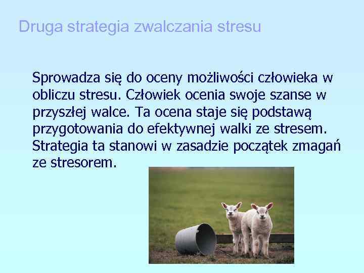 Druga strategia zwalczania stresu Sprowadza się do oceny możliwości człowieka w obliczu stresu. Człowiek