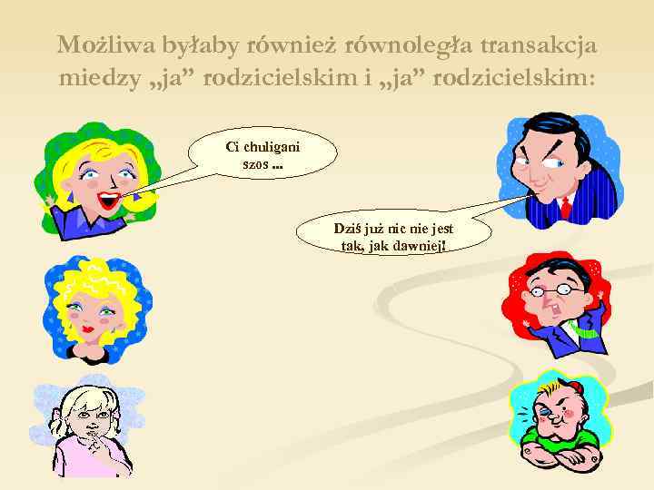 Możliwa byłaby również równoległa transakcja miedzy „ja” rodzicielskim i „ja” rodzicielskim: Ci chuligani szos.