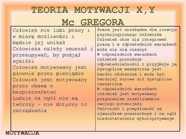 TEORIA MOTYWACJI X, Y Mc GREGORA Człowiek nie lubi pracy i w miarę możliwości