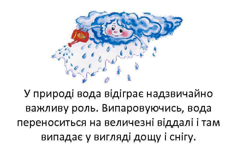 У природі вода відіграє надзвичайно важливу роль. Випаровуючись, вода переноситься на величезні віддалі і