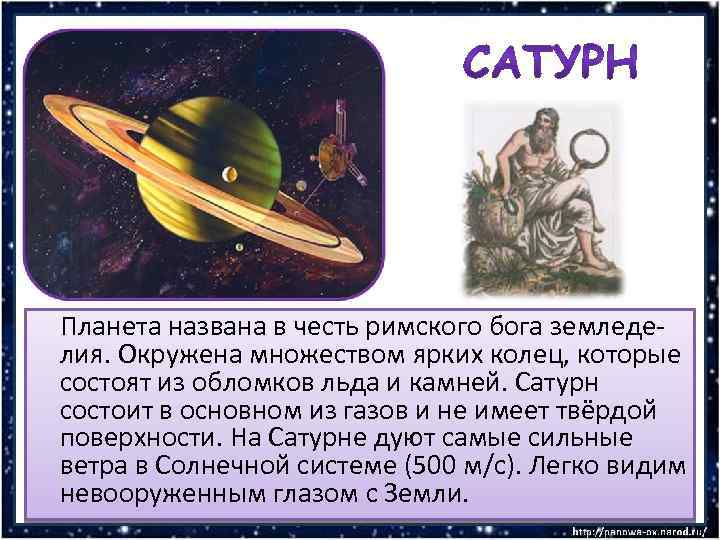 Планета названа в честь римского бога земледелия. Окружена множеством ярких колец, которые состоят из