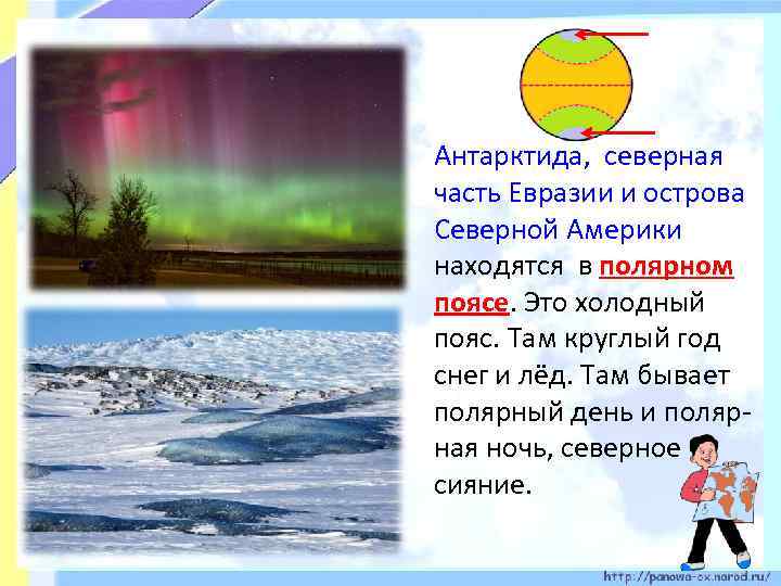 Антарктида, северная часть Евразии и острова Северной Америки находятся в полярном поясе. Это холодный