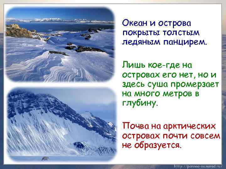 Океан и острова покрыты толстым ледяным панцирем. Лишь кое-где на островах его нет, но