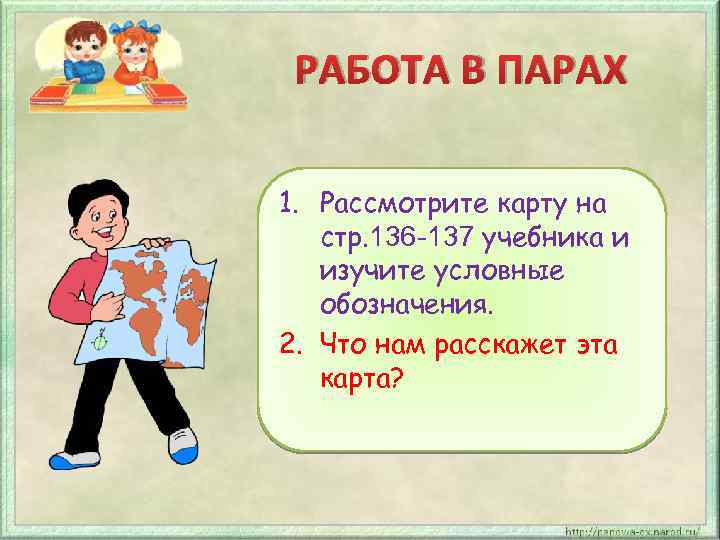 РАБОТА В ПАРАХ 1. Рассмотрите карту на стр. 136 -137 учебника и изучите условные