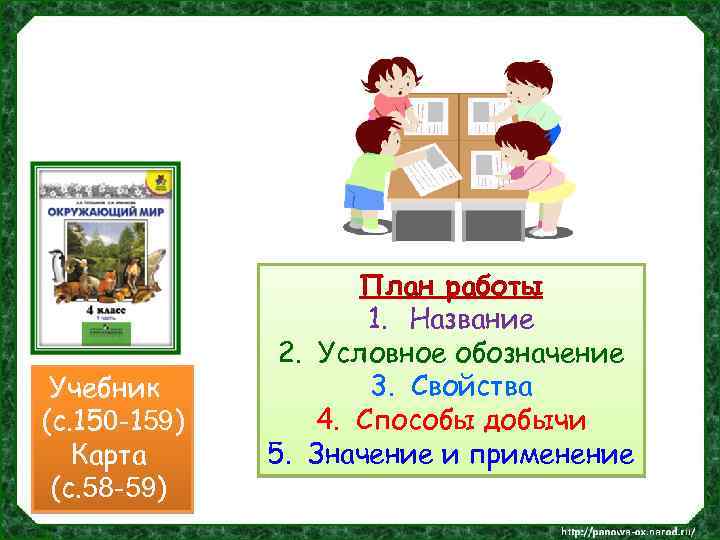 Учебник (с. 150 -159) Карта (с. 58 -59) План работы 1. Название 2. Условное