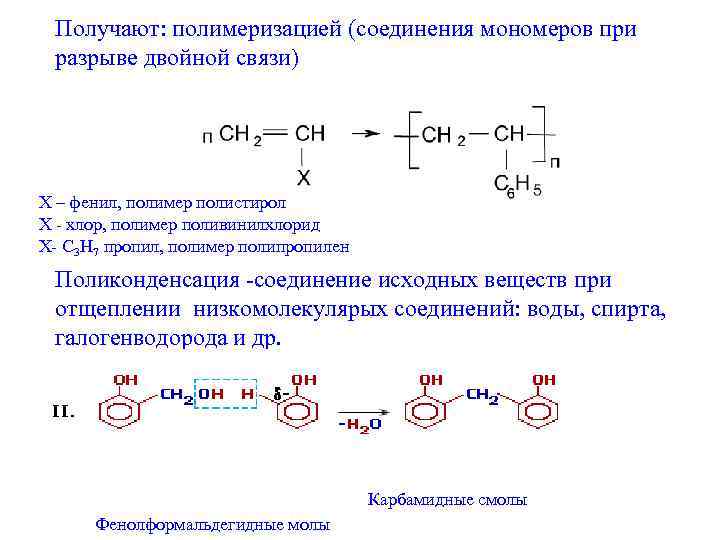 Получают: полимеризацией (соединения мономеров при разрыве двойной связи) Х – фенил, полимер полистирол Х