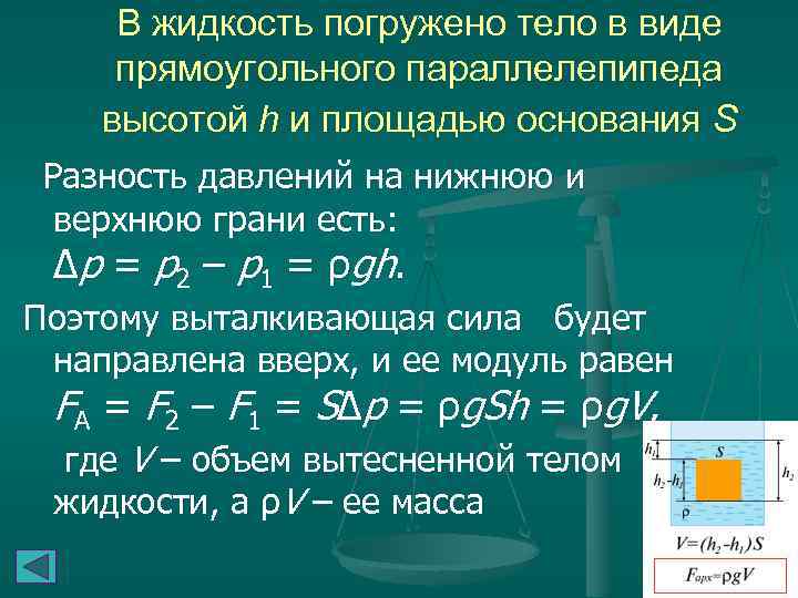 В жидкость погружено тело в виде прямоугольного параллелепипеда высотой h и площадью основания S