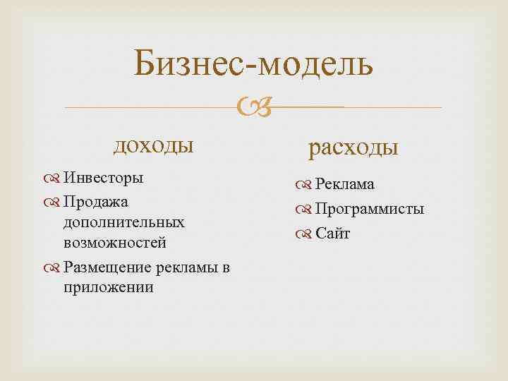 Бизнес-модель доходы Инвесторы Продажа дополнительных возможностей Размещение рекламы в приложении расходы Реклама Программисты Сайт