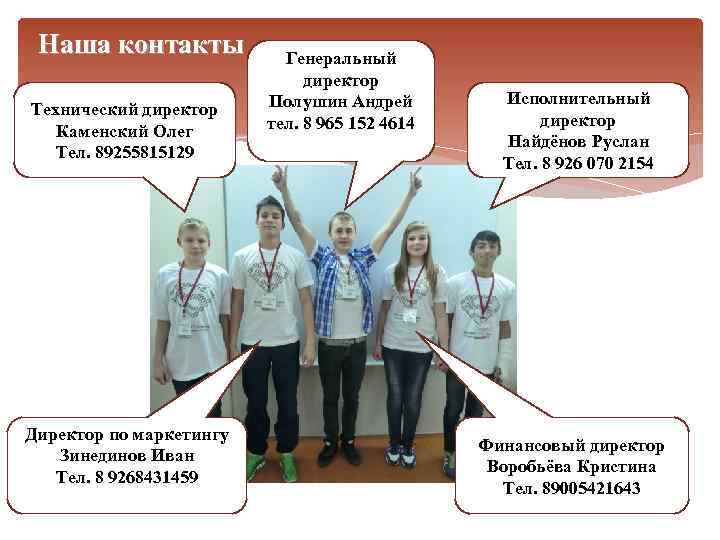 Наша контакты Технический директор Каменский Олег Тел. 89255815129 Директор по маркетингу Зинединов Иван Тел.