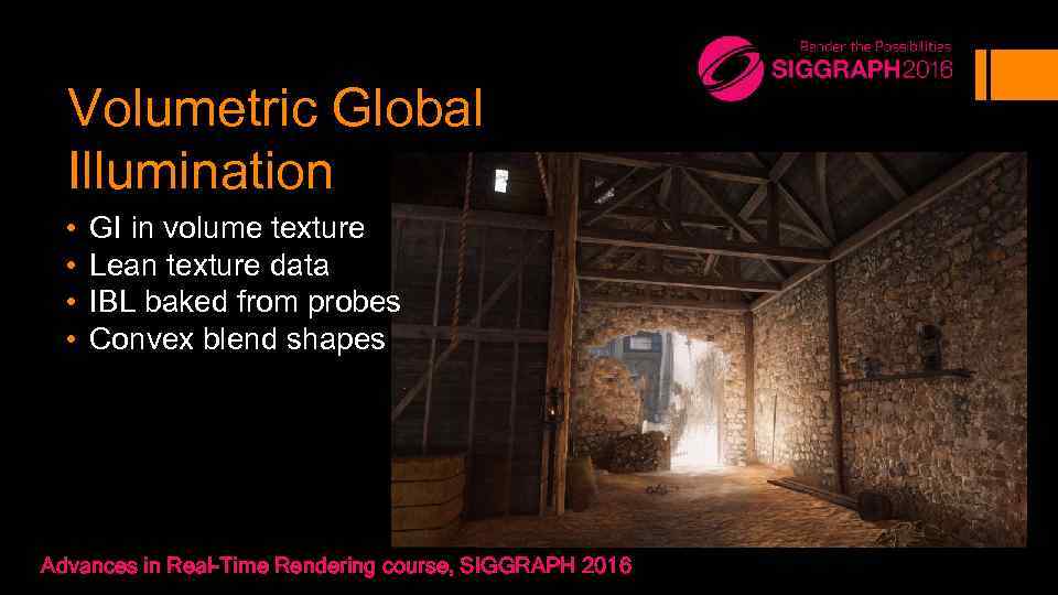 Volumetric Global Illumination • • GI in volume texture Lean texture data IBL baked