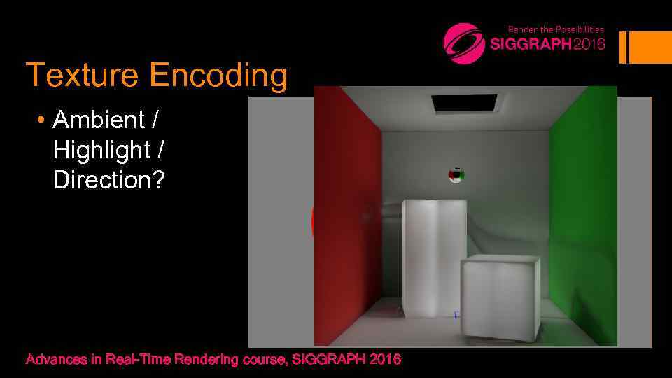 Texture Encoding • Ambient / Highlight / Direction? Advances in Real-Time Rendering course, SIGGRAPH