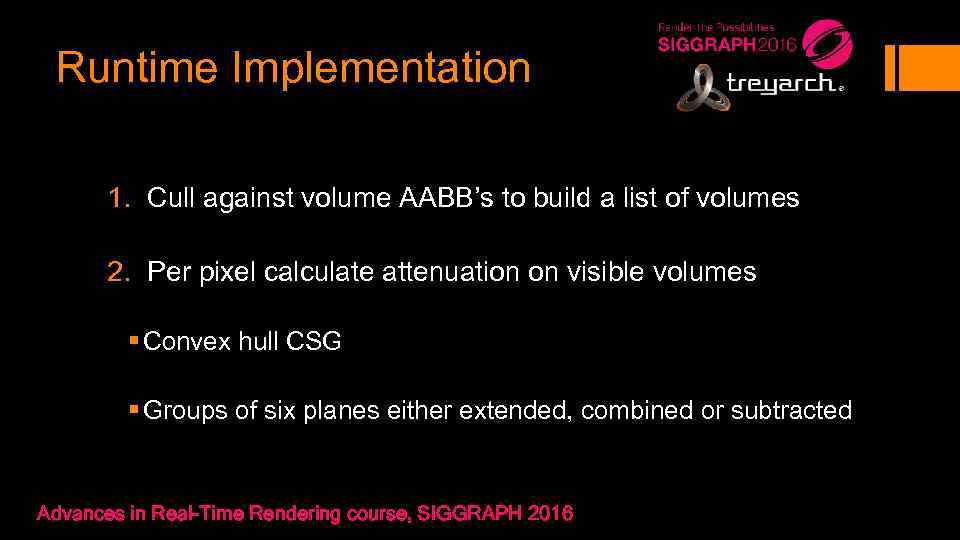 Runtime Implementation 1. Cull against volume AABB’s to build a list of volumes 2.
