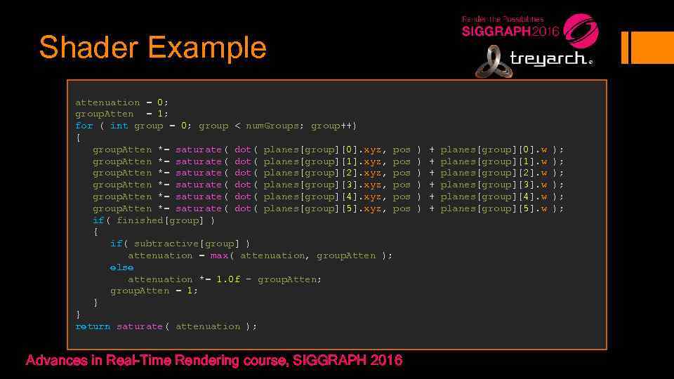 Shader Example attenuation = 0; group. Atten = 1; for ( int group =