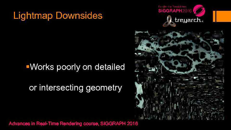 Lightmap Downsides §Works poorly on detailed or intersecting geometry Advances in Real-Time Rendering course,