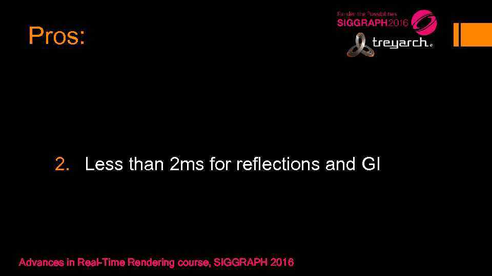 Pros: 2. Less than 2 ms for reflections and GI Advances in Real-Time Rendering