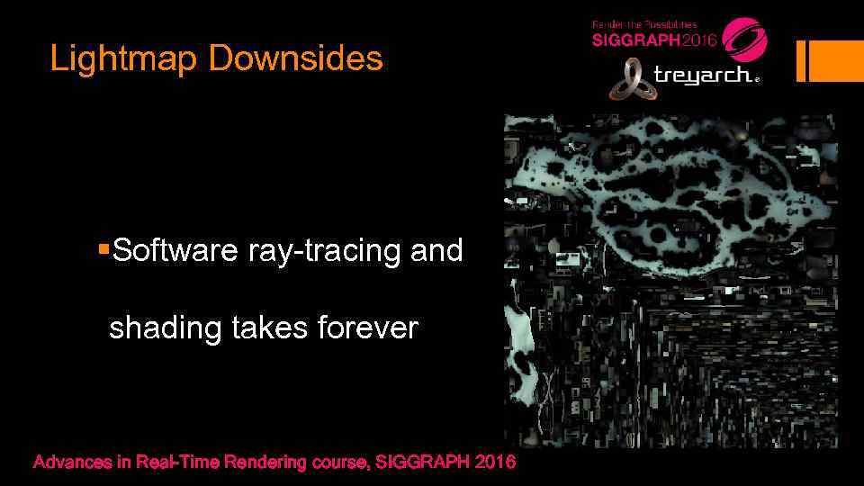 Lightmap Downsides §Software ray-tracing and shading takes forever Advances in Real-Time Rendering course, SIGGRAPH