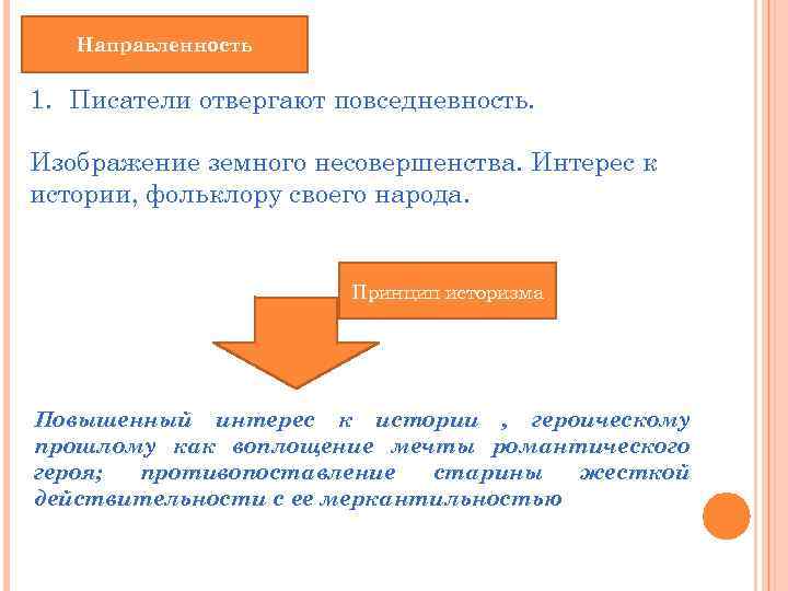 Направленность 1. Писатели отвергают повседневность. Изображение земного несовершенства. Интерес к истории, фольклору своего народа.