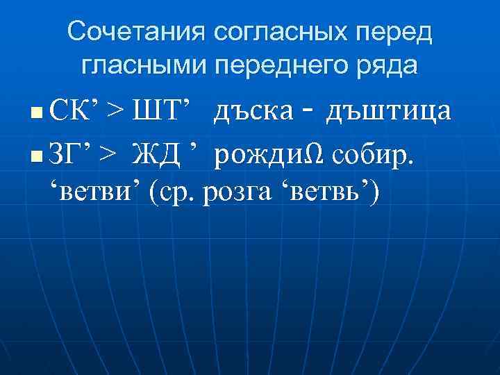 Сочетания согласных перед гласными переднего ряда СК’ > ШТ’ дъска - дъштица n ЗГ’