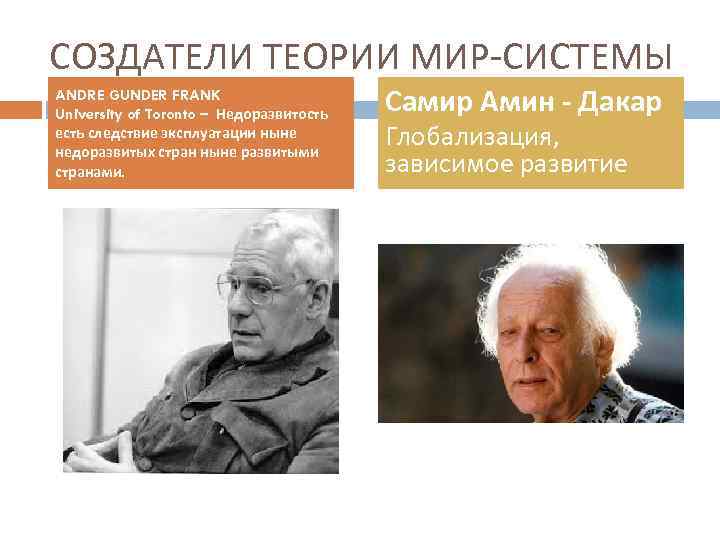 СОЗДАТЕЛИ ТЕОРИИ МИР-СИСТЕМЫ ANDRE GUNDER FRANK University of Toronto – Недоразвитость есть следствие эксплуатации