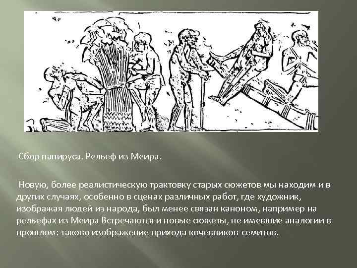 Сбор папируса. Рельеф из Меира. Новую, более реалистическую трактовку старых сюжетов мы находим и