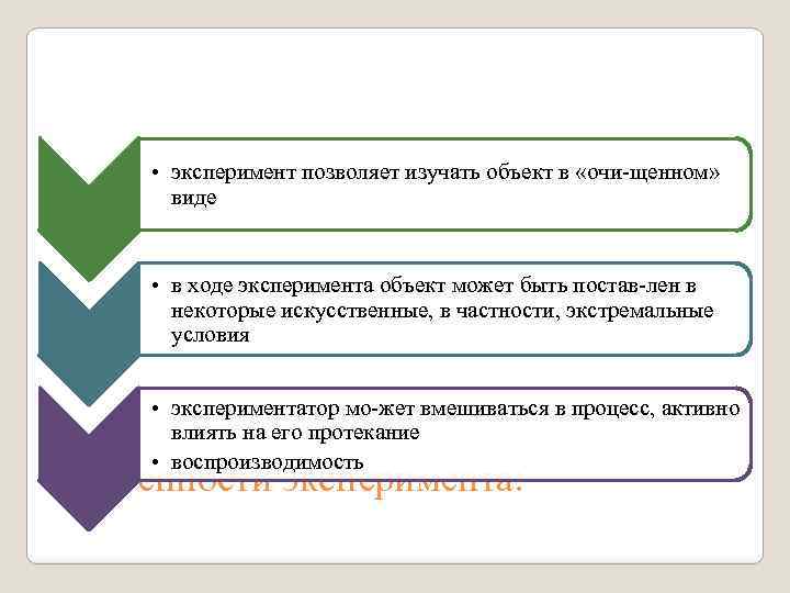  • эксперимент позволяет изучать объект в «очи щенном» виде • в ходе эксперимента