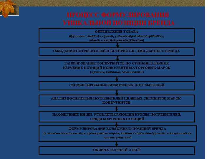 ПРОЦЕСС ФОРМУЛИРОВАНИЯ УНИКАЛЬНОЙ ПОЗИЦИИ БРЕНДА ОПРЕДЕЛЕНИЕ ТОВАРА (функция, товарная группа, удовлетворяемая потребность, польза и