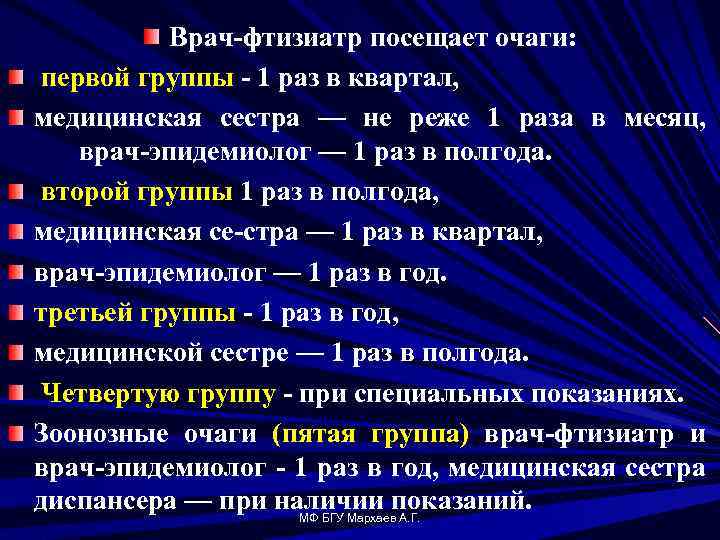 Врач фтизиатр посещает очаги: первой группы 1 раз в квартал, медицинская сестра — не