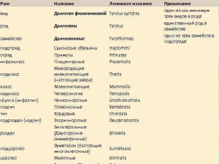 Ранг Название вид Долгопят филиппинский Tarsius syrichta род Долгопяты Tarsius семейство Долгопятовые Tarsiiformes подотряд