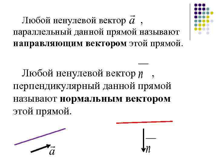 Любой ненулевой вектор , параллельный данной прямой называют направляющим вектором этой прямой. Любой ненулевой