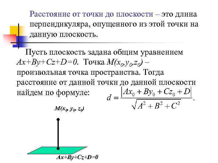 Расстояние от точки до плоскости – это длина перпендикуляра, опущенного из этой точки на