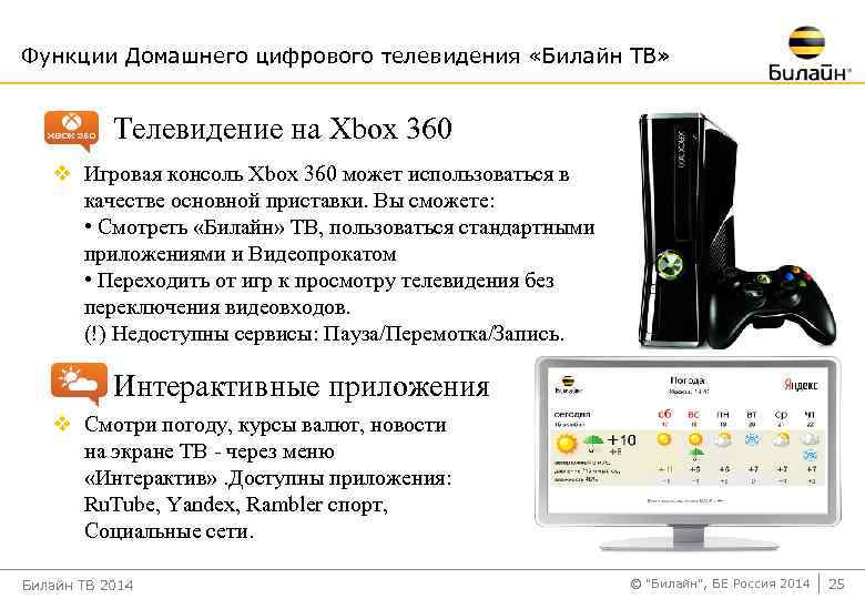 Функции Домашнего цифрового телевидения «Билайн ТВ» Телевидение на Xbox 360 v Игровая консоль Xbox