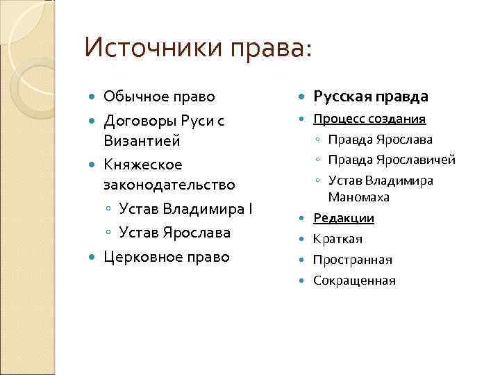 Источники права: Обычное право Договоры Руси с Византией Княжеское законодательство ◦ Устав Владимира I