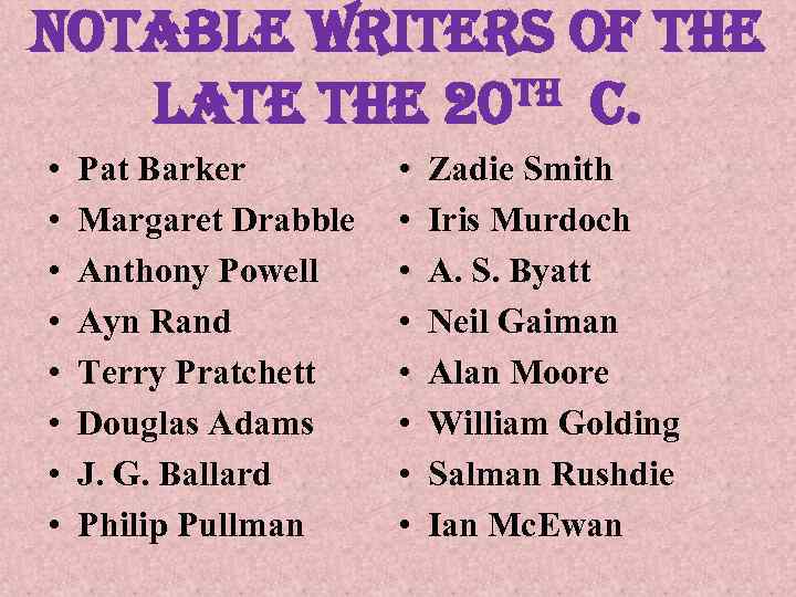 notable writers of the th c. late the 20 • • Pat Barker Margaret