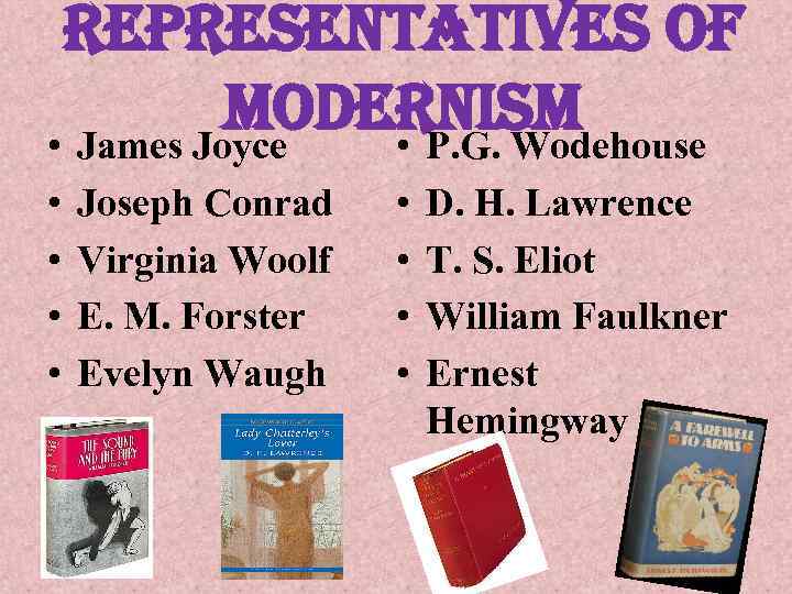 representatives of modernism • P. G. Wodehouse • James Joyce • • Joseph Conrad