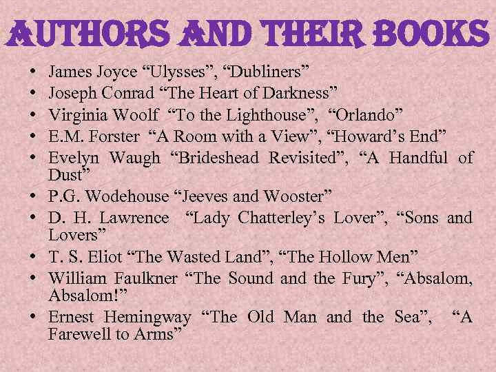 authors and their books • • • James Joyce “Ulysses”, “Dubliners” Joseph Conrad “The