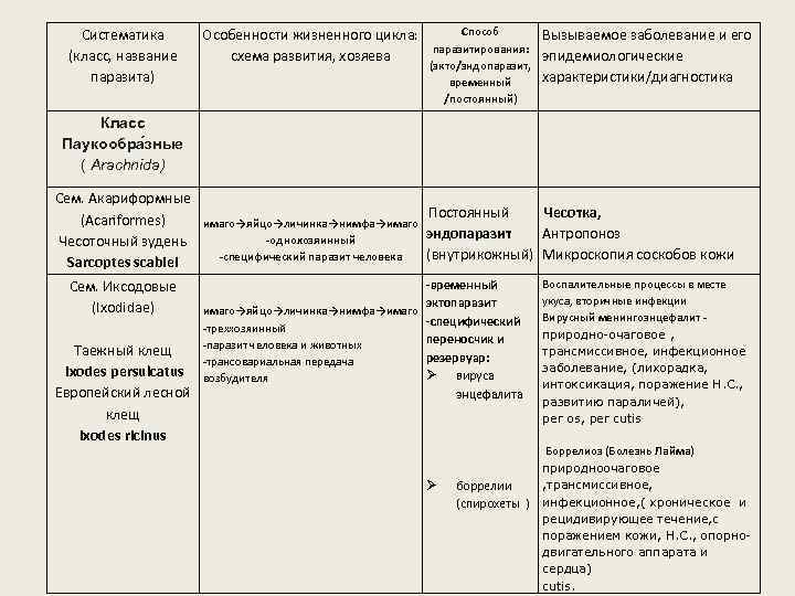 Систематика (класс, название паразита) Способ паразитирования: (экто/эндопаразит, временный /постоянный) Особенности жизненного цикла: схема развития,