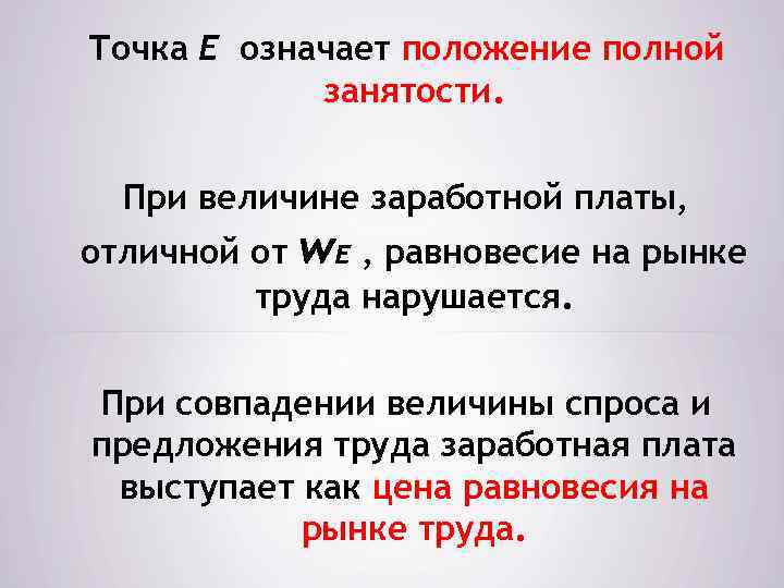 Точка Е означает положение полной занятости. При величине заработной платы, отличной от w. E